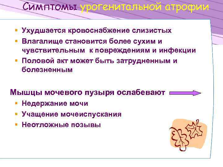 Симптомы урогенитальной атрофии § Ухудшается кровоснабжение слизистых § Влагалище становится более сухим и чувствительным