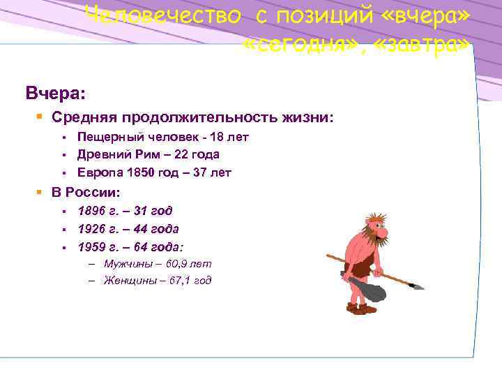 Человечество с позиций «вчера» «сегодня» , «завтра» Вчера: § Средняя продолжительность жизни: Пещерный человек