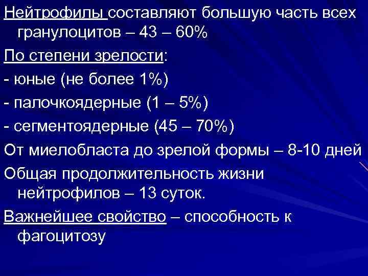 Нейтрофилы составляют большую часть всех гранулоцитов – 43 – 60% По степени зрелости: -