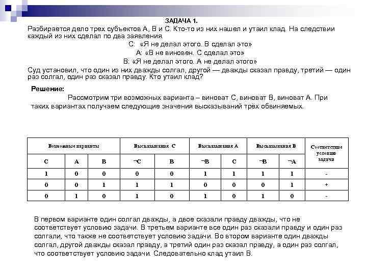 ЗАДАЧА 1. Разбирается дело трех субъектов A, B и C. Кто то из них