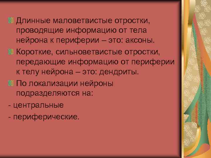 Длинные маловетвистые отростки, проводящие информацию от тела нейрона к периферии – это: аксоны. Короткие,