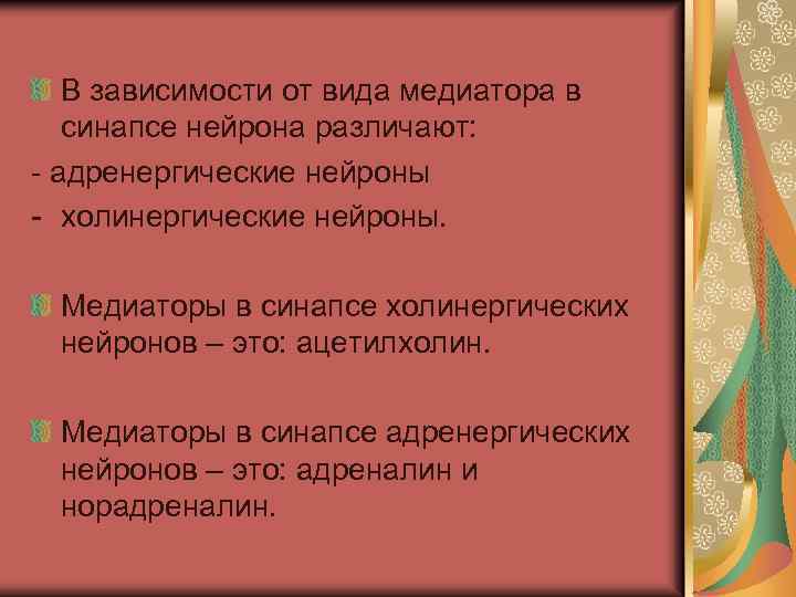 В зависимости от вида медиатора в синапсе нейрона различают: - адренергические нейроны - холинергические