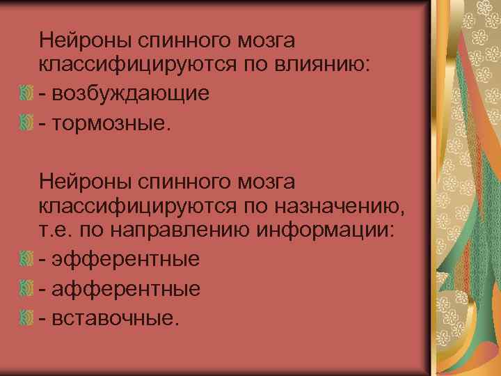  Нейроны спинного мозга классифицируются по влиянию: - возбуждающие - тормозные. Нейроны спинного мозга