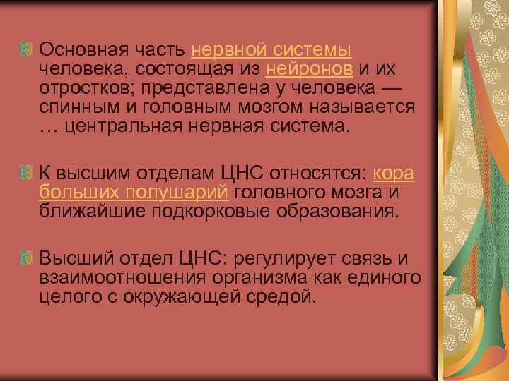 Основная часть нервной системы человека, состоящая из нейронов и их отростков; представлена у человека