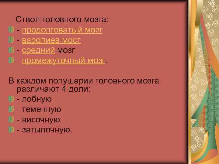  Ствол головного мозга: - продолговатый мозг - варолиев мост - средний мозг -