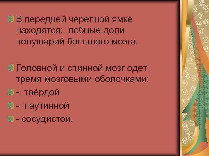 В передней черепной ямке находятся: лобные доли полушарий большого мозга. Головной и спинной мозг