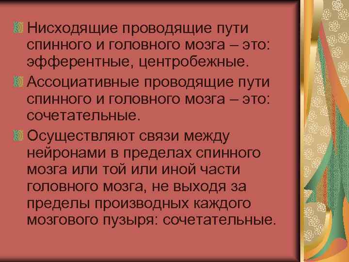 Нисходящие проводящие пути спинного и головного мозга – это: эфферентные, центробежные. Ассоциативные проводящие пути