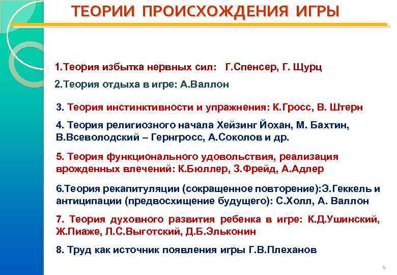 ТЕОРИИ ПРОИСХОЖДЕНИЯ ИГРЫ 1. Теория избытка нервных сил: Г. Спенсер, Г. Щурц 2. Теория