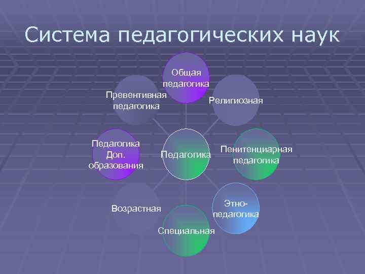 Система педагогических наук Общая педагогика Превентивная Религиозная педагогика Педагогика Доп. образования Пенитенциарная педагогика Педагогика