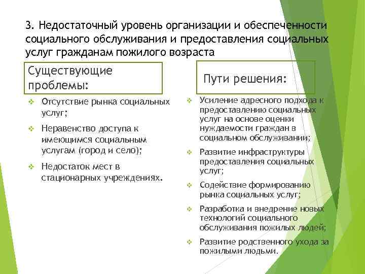 3. Недостаточный уровень организации и обеспеченности социального обслуживания и предоставления социальных услуг гражданам пожилого