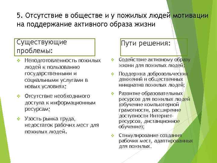 5. Отсутствие в обществе и у пожилых людей мотивации на поддержание активного образа жизни