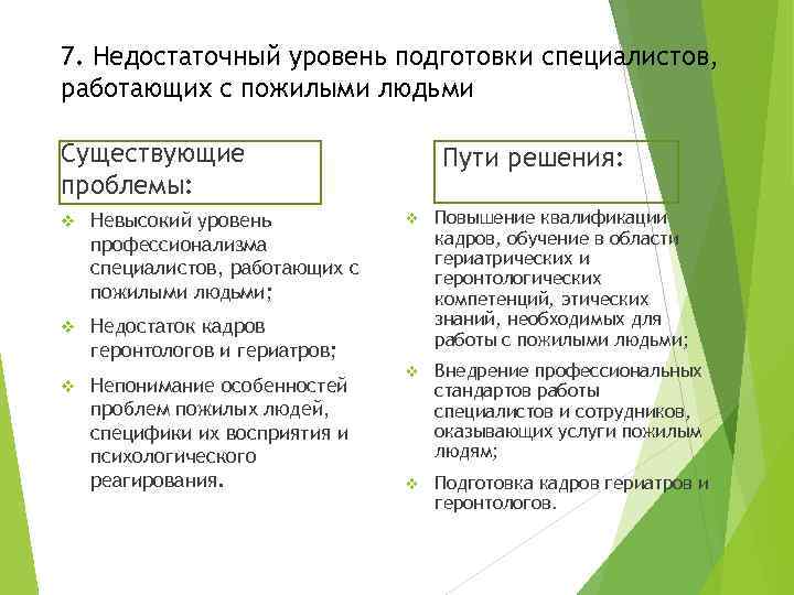 7. Недостаточный уровень подготовки специалистов, работающих с пожилыми людьми Существующие проблемы: v Невысокий уровень