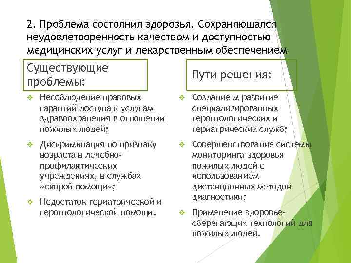 2. Проблема состояния здоровья. Сохраняющаяся неудовлетворенность качеством и доступностью медицинских услуг и лекарственным обеспечением