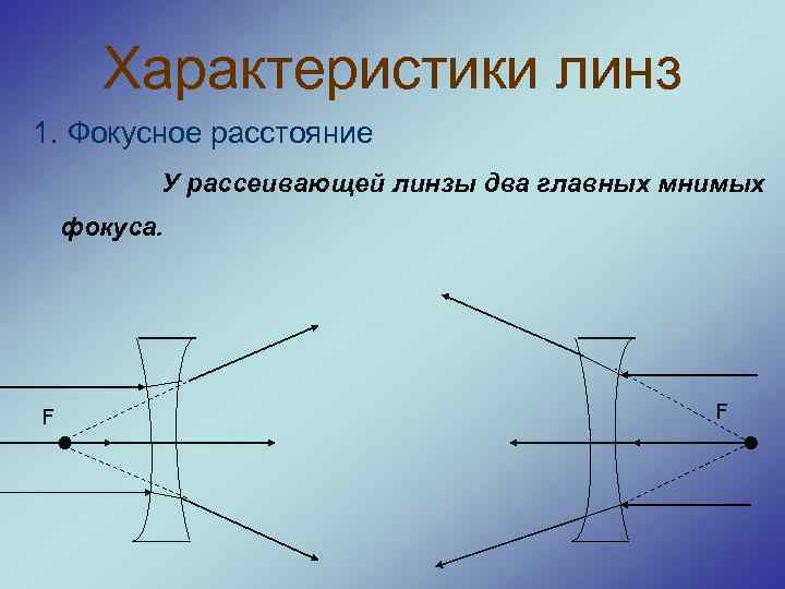 Характеристики линз 1. Фокусное расстояние У рассеивающей линзы два главных мнимых фокуса. F F