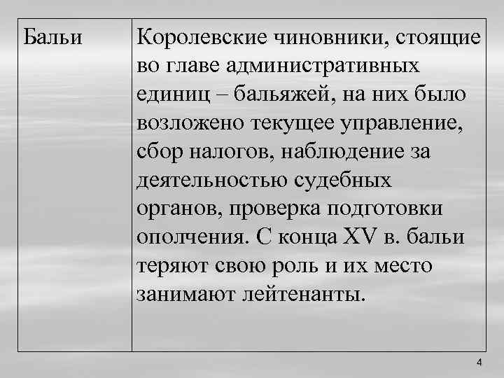 Бальи Королевские чиновники, стоящие во главе административных единиц – бальяжей, на них было возложено
