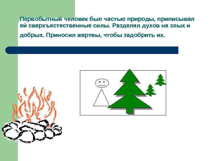 Первобытный человек был частью природы, приписывал ей сверхъестественные силы. Разделял духов на злых и