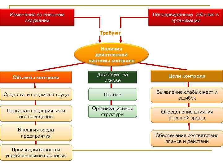 Изменения во внешнем окружении Непредвиденные события в организации Наличия действенной системы контроля Объекты контроля