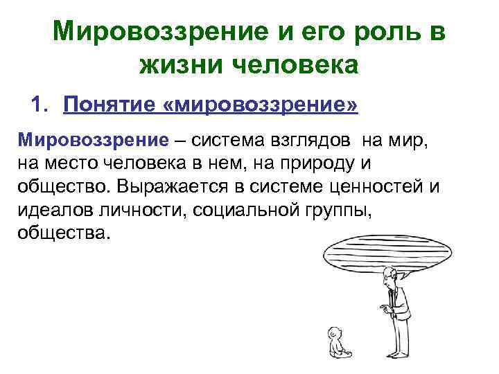 Мировоззрение и его роль в жизни человека 1. Понятие «мировоззрение» Мировоззрение – система взглядов