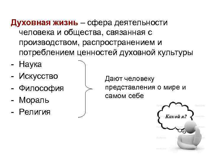 Духовная жизнь – сфера деятельности человека и общества, связанная с производством, распространением и потреблением