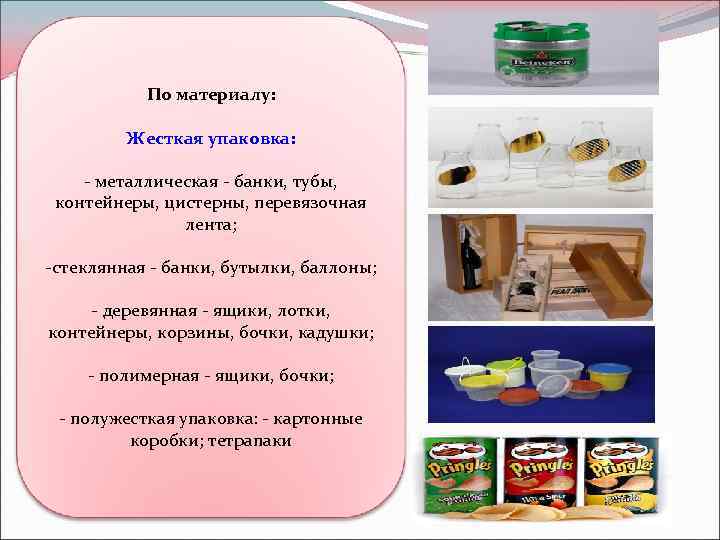 По материалу: Жесткая упаковка: - металлическая - банки, тубы, контейнеры, цистерны, перевязочная лента; -стеклянная