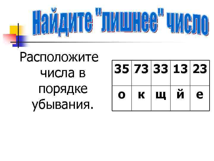 Расположите числа в порядке убывания. 35 73 33 13 23 о к щ й