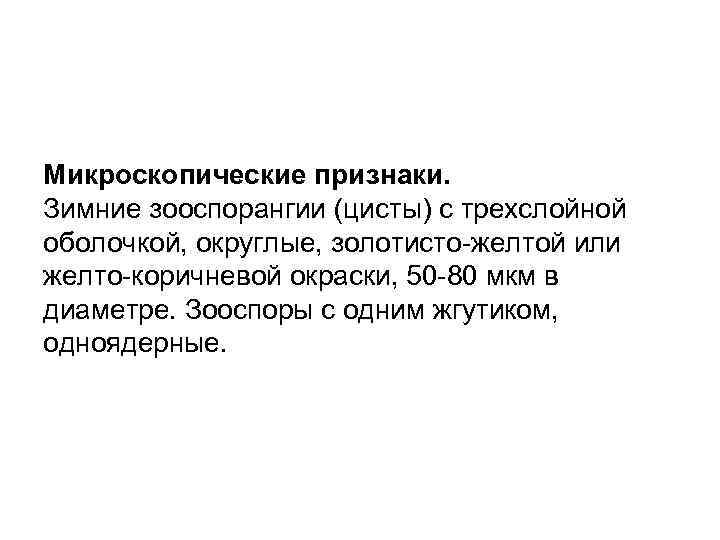 Микроскопические признаки. Зимние зооспорангии (цисты) с трехслойной оболочкой, округлые, золотисто желтой или желто коричневой