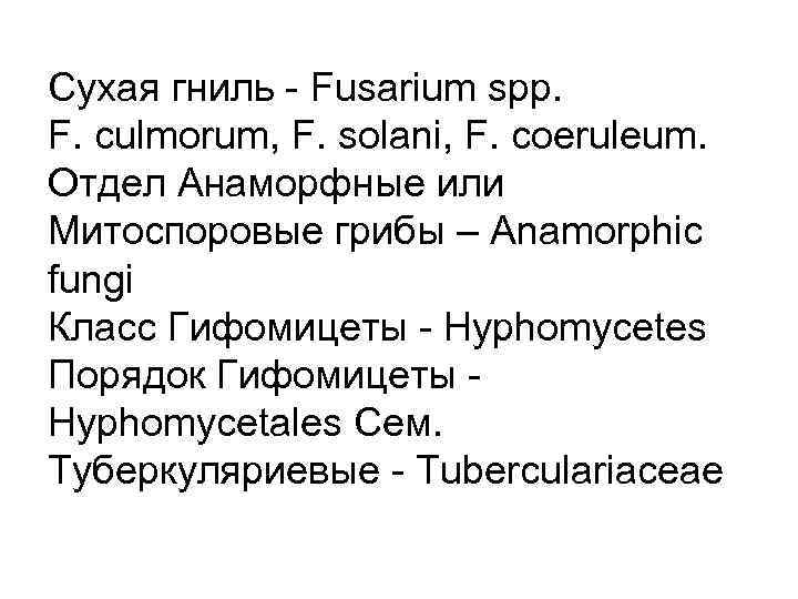 Сухая гниль Fusarium spp. F. culmorum, F. solani, F. coeruleum. Отдел Анаморфные или Митоспоровые