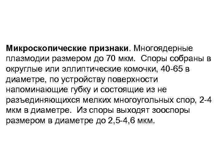 Микроскопические признаки. Многоядерные плазмодии размером до 70 мкм. Споры собраны в округлые или эллиптические