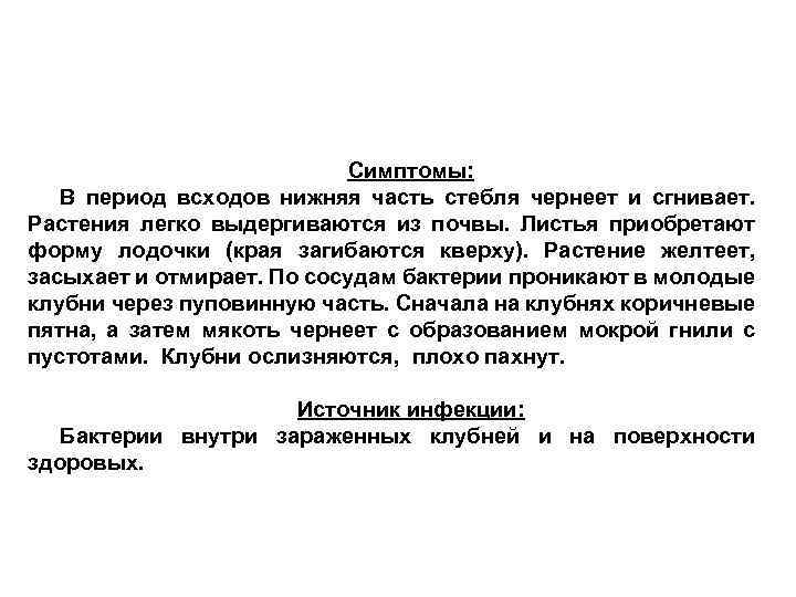 Симптомы: В период всходов нижняя часть стебля чернеет и сгнивает. Растения легко выдергиваются из