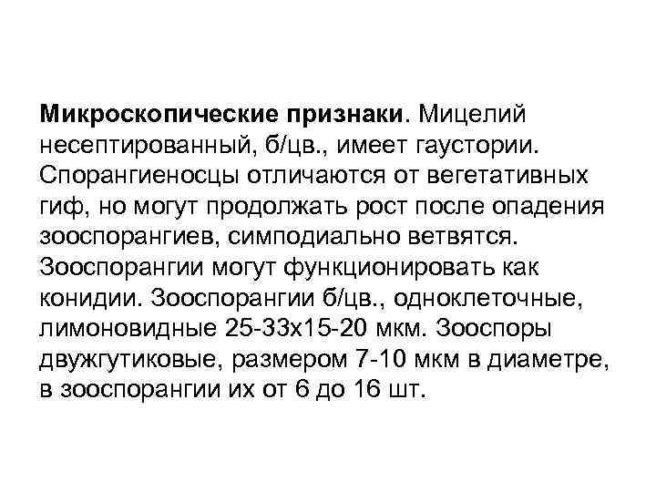 Микроскопические признаки. Мицелий несептированный, б/цв. , имеет гаустории. Спорангиеносцы отличаются от вегетативных гиф, но