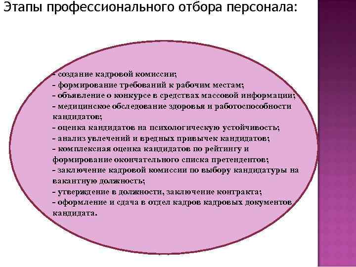 Этапы профессионального отбора персонала: - создание кадровой комиссии; - формирование требований к рабочим местам;