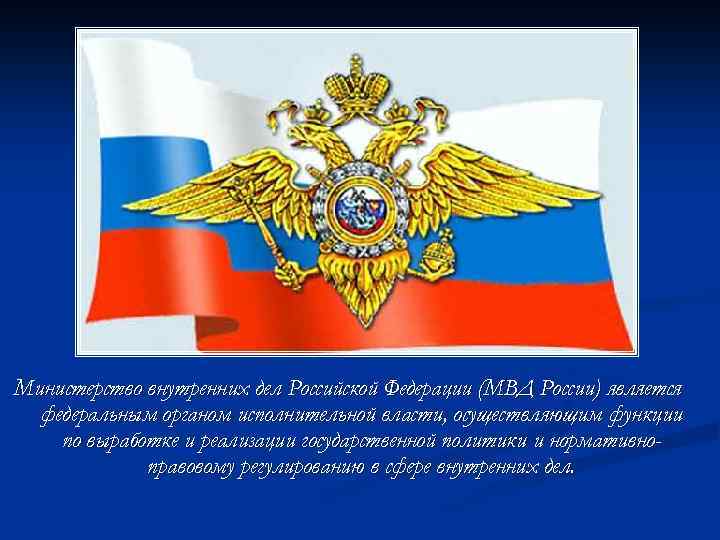 Министерство внутренних дел Российской Федерации (МВД России) является федеральным органом исполнительной власти, осуществляющим функции