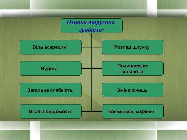 Ознаки отруєння грибами: Біль всередині Розлад шлунку Нудота Починається блювота Загальна слабкість Зміна зіниць