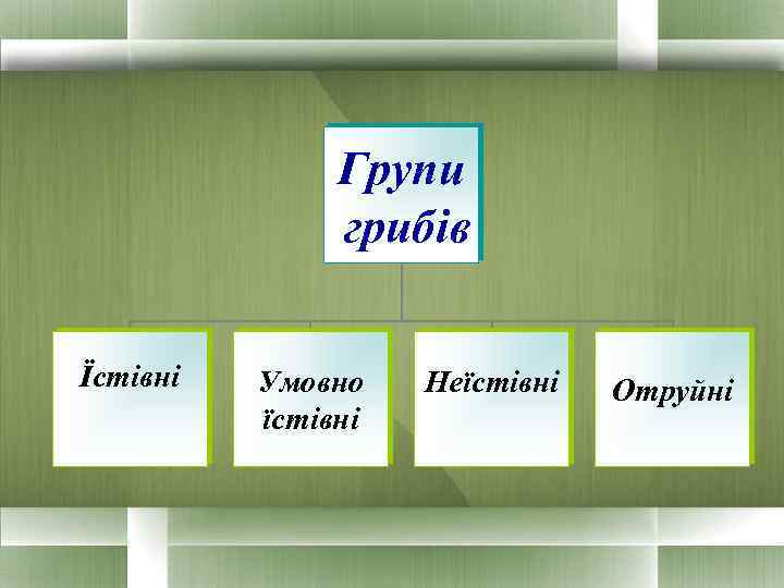 Групи грибів Їстівні Умовно їстівні Неїстівні Отруйні 