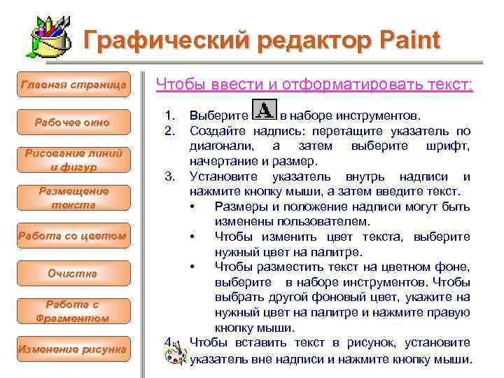 Графический редактор Paint Главная страница Рабочее окно Рисование линий и фигур Чтобы ввести и