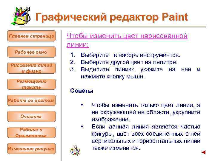 Графический редактор Paint Главная страница Рабочее окно Рисование линий и фигур Размещение текста Работа