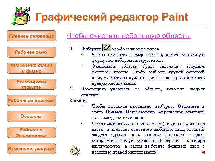 Графический редактор Paint Главная страница Рабочее окно Рисование линий и фигур Размещение текста Работа