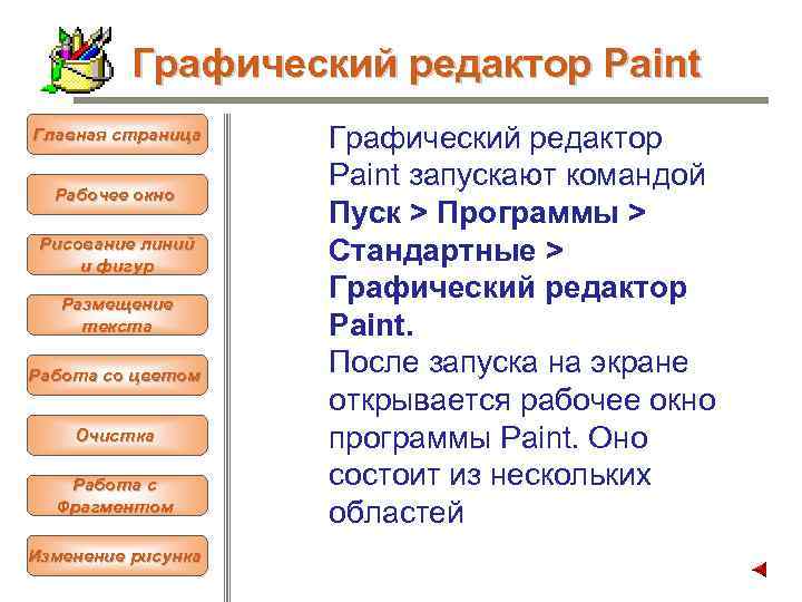 Графический редактор Paint Главная страница Рабочее окно Рисование линий и фигур Размещение текста Работа