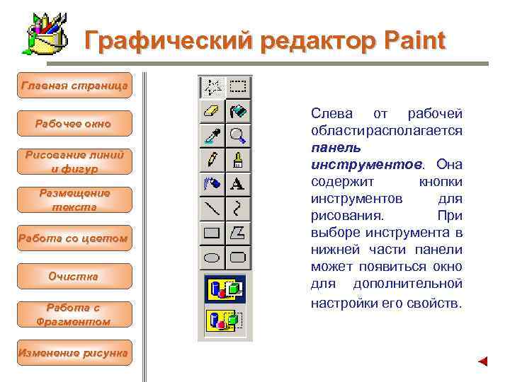 Графический редактор Paint Главная страница Рабочее окно Рисование линий и фигур Размещение текста Работа