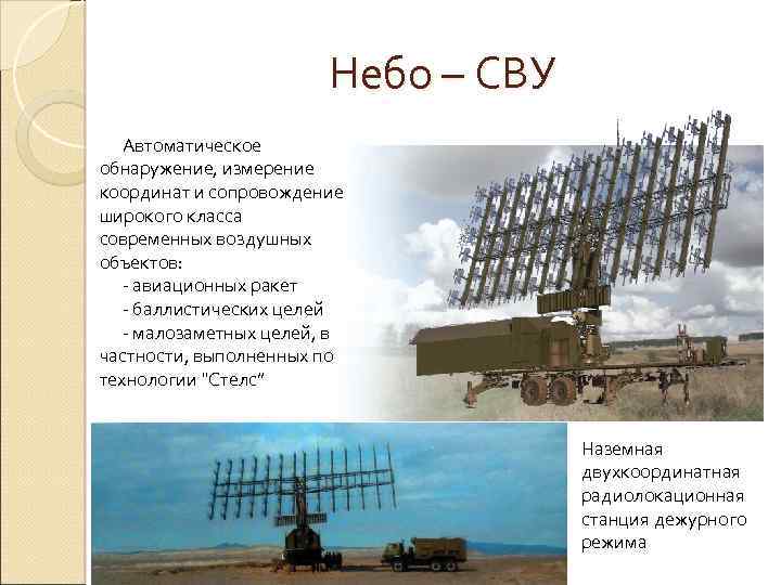 Небо – СВУ Автоматическое обнаружение, измерение координат и сопровождение широкого класса современных воздушных объектов: