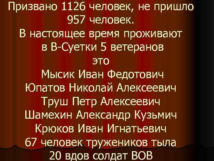 Призвано 1126 человек, не пришло 957 человек. В настоящее время проживают в В-Суетки 5