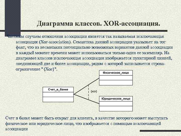 Диаграмма классов. XOR-ассоциация. Частным случаем отношения ассоциации является так называемая исключающая ассоциация (Xor-association). Семантика