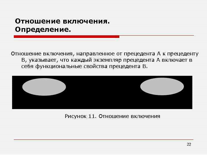 Отношение включения. Определение. Отношение включения, направленное от прецедента А к прецеденту В, указывает, что