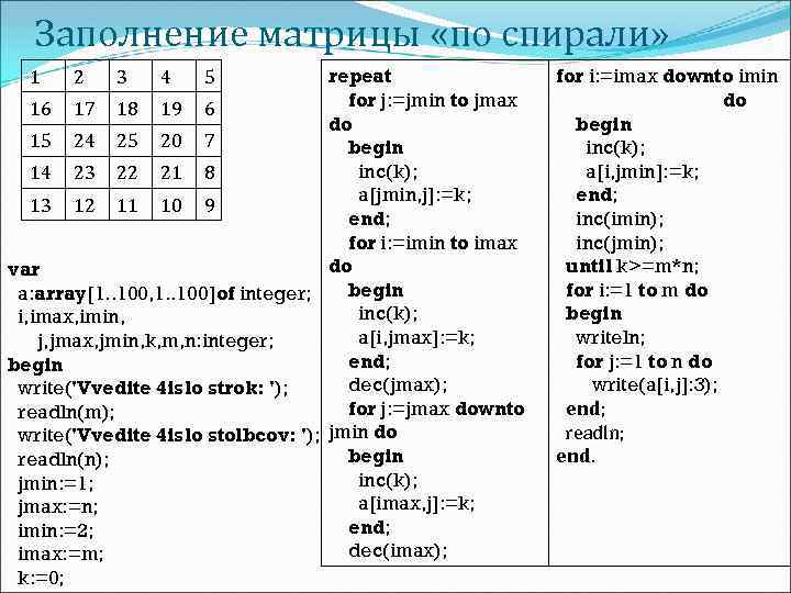 Заполнение матрицы «по спирали» repeat for j: =jmin to jmax 16 17 18 19