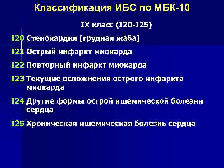 Классификация ИБС по МБК-10 IX класс (I 20 -I 25) I 20 Стенокардия [грудная