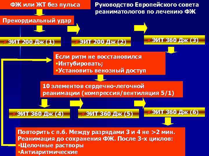 ФЖ или ЖТ без пульса Руководство Европейского совета реаниматологов по лечению ФЖ Прекордиальный удар