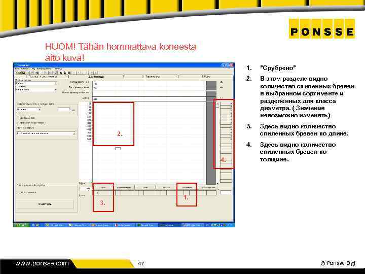 HUOM! Tähän hommattava koneesta aito kuva! 1. ”Срубрено” 2. В этом разделе видно количество
