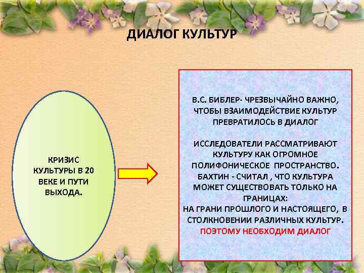 ДИАЛОГ КУЛЬТУР В. С. БИБЛЕР- ЧРЕЗВЫЧАЙНО ВАЖНО, ЧТОБЫ ВЗАИМОДЕЙСТВИЕ КУЛЬТУР ПРЕВРАТИЛОСЬ В ДИАЛОГ КРИЗИС