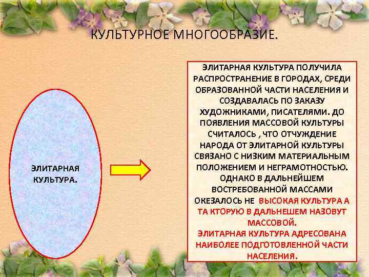 КУЛЬТУРНОЕ МНОГООБРАЗИЕ. ЭЛИТАРНАЯ КУЛЬТУРА ПОЛУЧИЛА РАСПРОСТРАНЕНИЕ В ГОРОДАХ, СРЕДИ ОБРАЗОВАННОЙ ЧАСТИ НАСЕЛЕНИЯ И СОЗДАВАЛАСЬ
