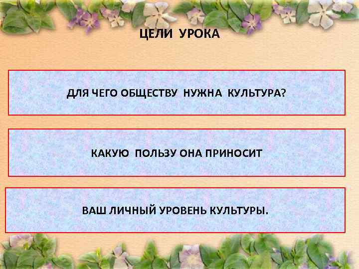ЦЕЛИ УРОКА ДЛЯ ЧЕГО ОБЩЕСТВУ НУЖНА КУЛЬТУРА? КАКУЮ ПОЛЬЗУ ОНА ПРИНОСИТ ВАШ ЛИЧНЫЙ УРОВЕНЬ